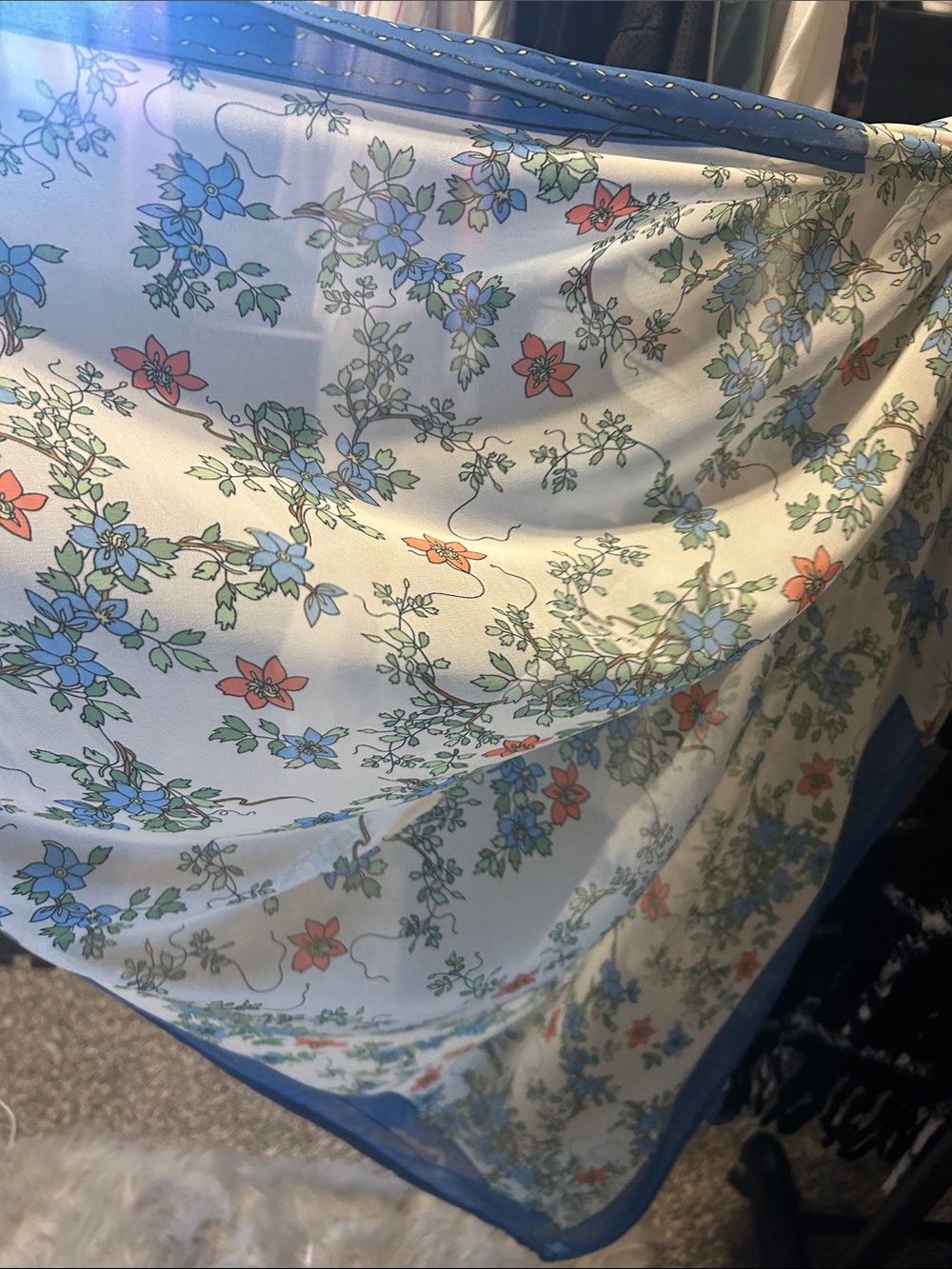 Sheer Floral Scarf in Blue, Red and Green 38’x34’